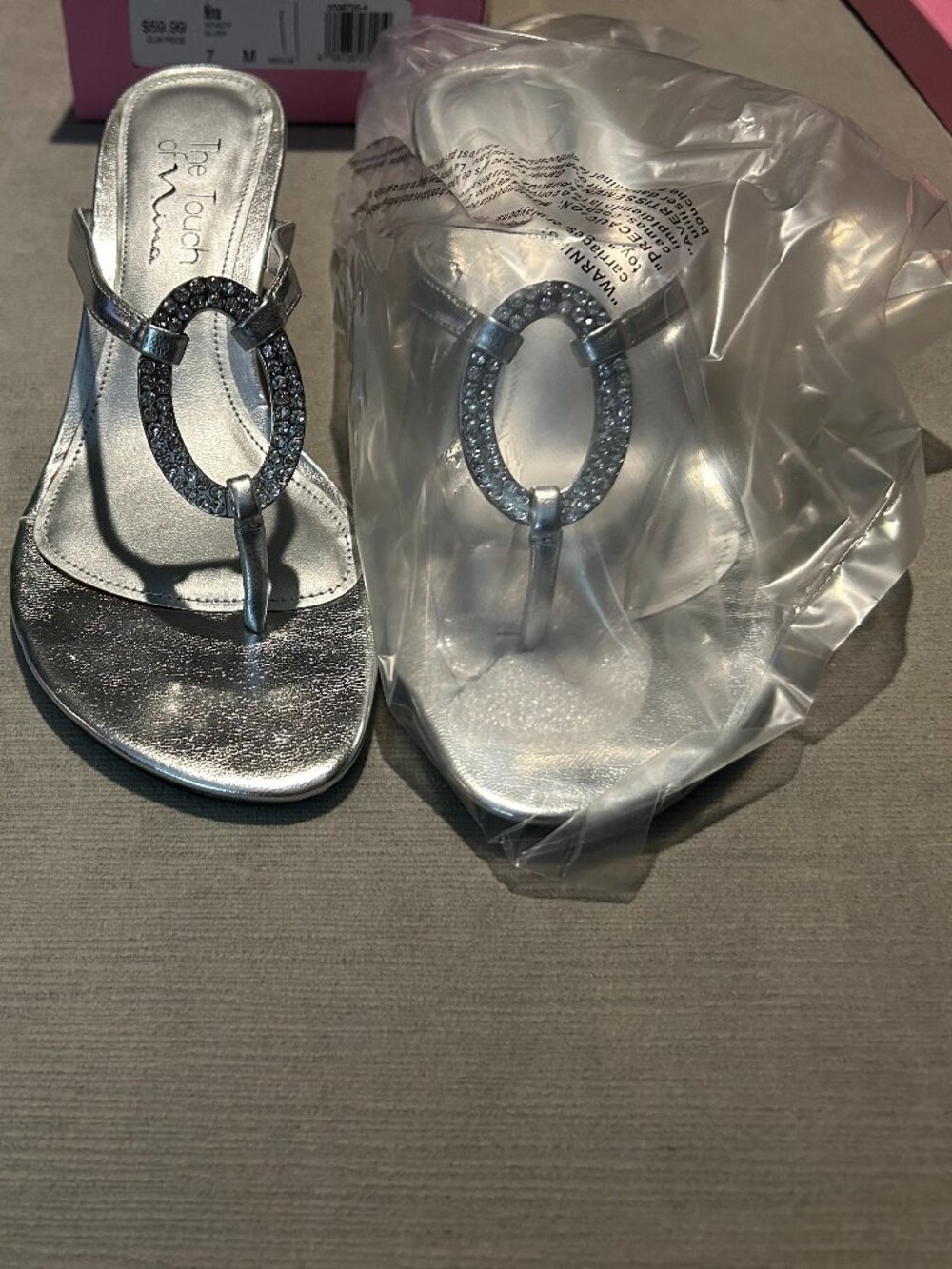 NIB Nina "Nickety" Silver Rhinestone Thong Sandals Kitten Heel Size 7M